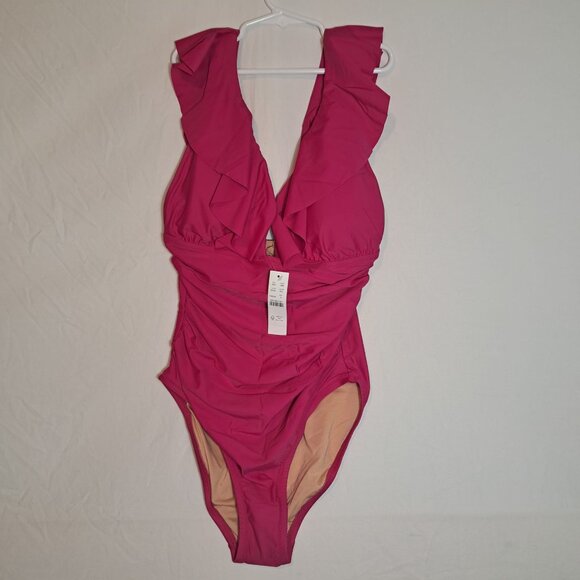 NEW j.crew women’s‎ ruched ruffle one-piece swimsuit, radiant fuchsia, size 10 - Picture 6 of 13